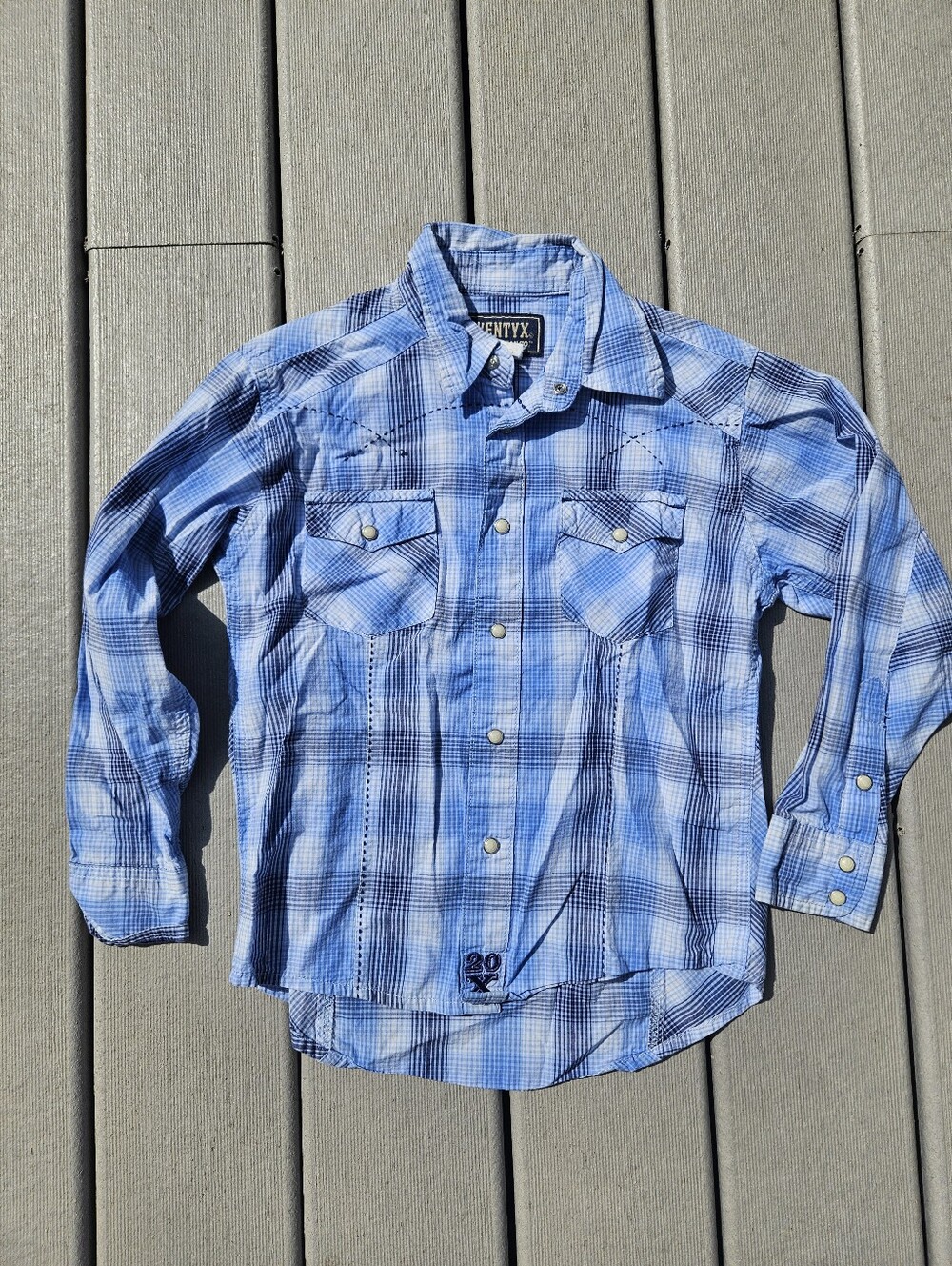 Wrangler 20X Boys Pearl Snap Shirt Medium 7-8 Blue Plaid Long Sleeve Western Kid